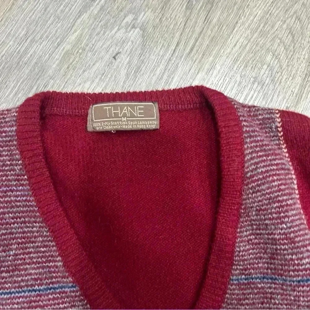 Vintage Red Lambswool V Neck Mens Sweater by Thane Size M